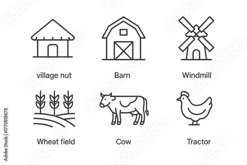 Illustrations of rural life featuring a barn, windmill, cow, and tractor in a village setting with wheat fields