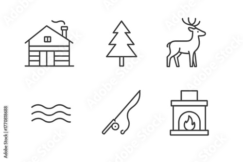 Winter retreat features a cozy cabin in the woods, surrounded by trees and wildlife near a river at dusk