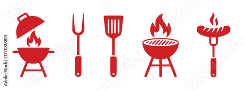 Red BBQ Icons Grill, Utensils, and Sausage on Fork
