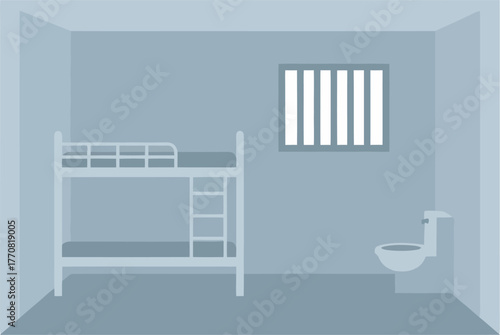 Interior view of a prison cell featuring a bunk bed, toilet, and barred window.
