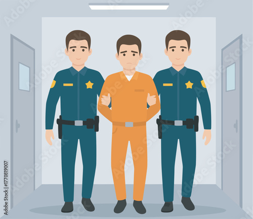 Two police officers escorting a man in an orange jumpsuit down a hallway.