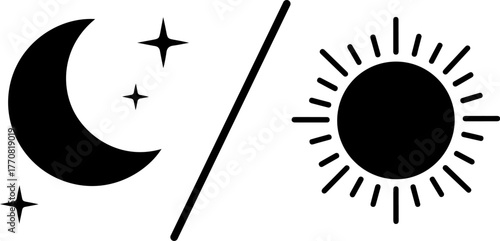 Stylized sun and moon with stars symbolizing day and night