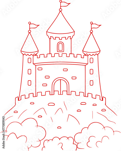 Red Line Drawing of a Fairytale Castle on a Hill