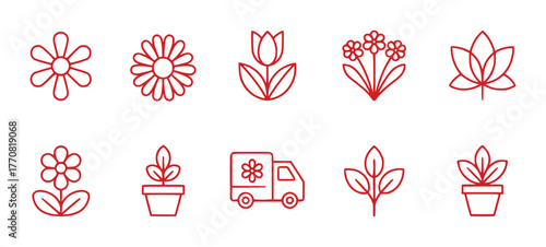 Red Line Art Icons of Flowers, Plants, and Delivery Truck