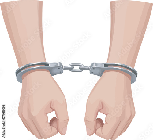 Illustration shows two hands restrained by silver metal handcuffs, symbolizing arrest.
