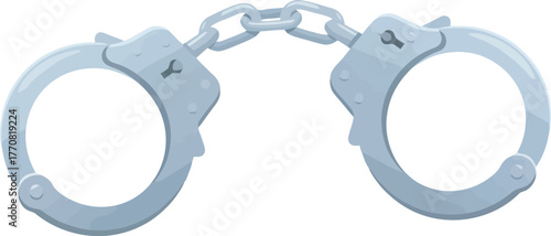 Silver metal handcuffs connected by a chain, isolated on a white background.