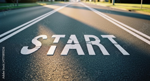 The word 'START' painted on a sunlit asphalt road with double white lines leading onward