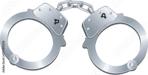 Metal handcuffs connected by a chain, symbolizing law enforcement and security.