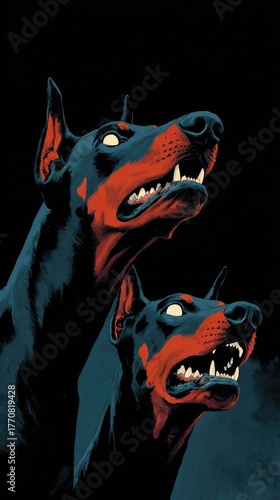Two black dog doberman portrait illustration made with Generative AI	