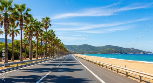 Fototapeta Naklejka Na Ścianę i Meble -  Sunny coastal highway, palm trees, golden beach, and blue ocean stretching to the horizon