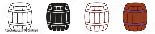 Barrel icon set. Wooden keg icons in thin line, flat, and color style  on white background. Vector illustration.