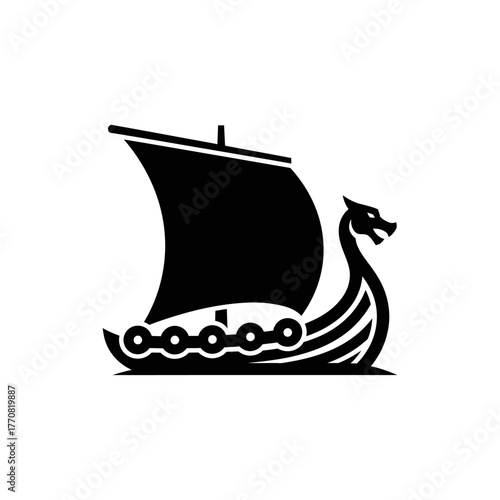 Viking Longship Silhouette with Dragon Head and Sail.