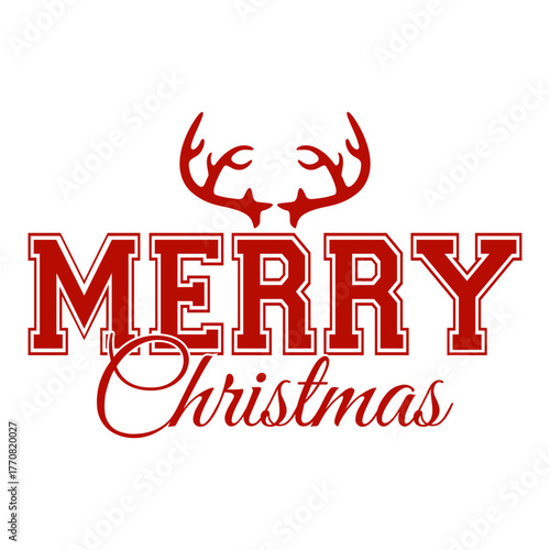 Festive Merry Christmas Typography T-Shirt Design with Bold Red Varsity Letters, Elegant Script Font, and Reindeer Antlers Graphic – Stylish Holiday Season Apparel Perfect for Christmas Parties