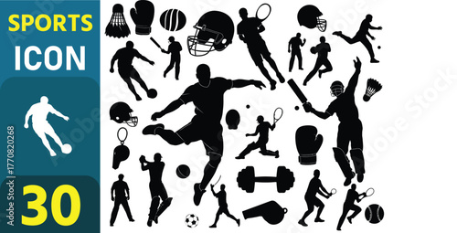 Collection of diverse sports icons and silhouettes representing various athletic activities and games