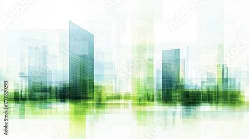 Abstract cityscape with layered green and blue tones, creating tranquil and modern atmosphere, perfect for backgrounds or design projects