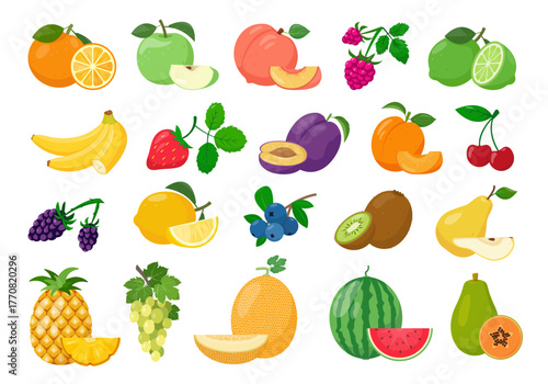 Big set of fresh fruit and berry icons. Organic fruits with pieces and berries for juice, smoothie or vitamin healthy food. Vector illustration isolated on white background.