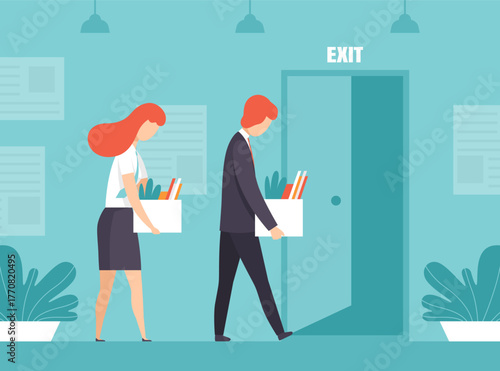 Man and Woman Character Get Fired from Work Vector Illustration