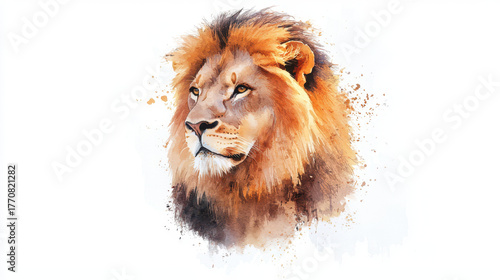 Majestic lion portrait in watercolor style, showcasing vibrant colors and intricate details, evoking sense of strength and beauty