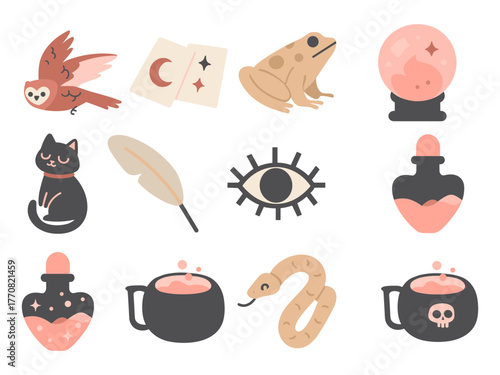  Aesthetic flat-style witchcraft icon set featuring an owl, tarot cards, frog, crystal ball, cat, feather, eye, potion bottles, cauldrons, and snake in soft pink and beige tones.