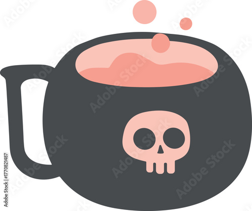   Cute flat illustration of a black cauldron with a pink bubbling potion and a skull symbol on the front, representing a whimsical witchcraft theme.