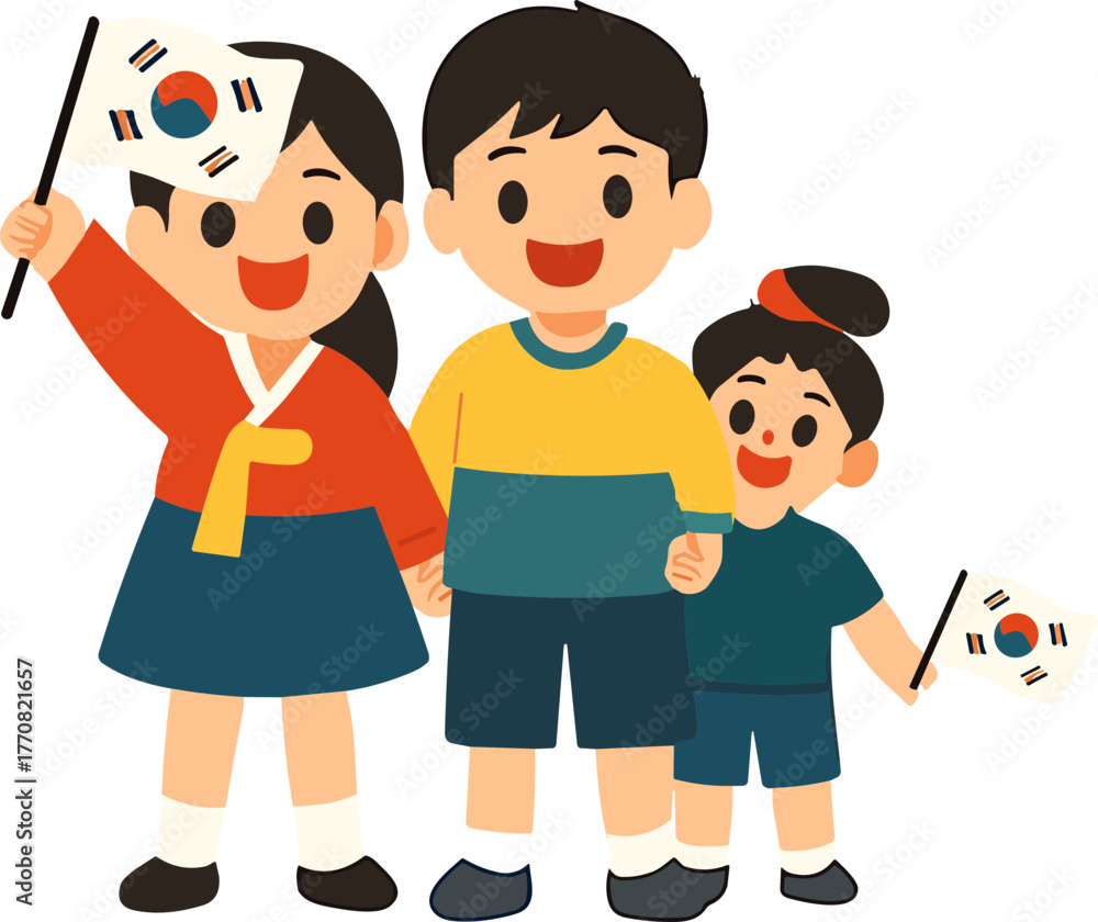 Fototapeta premium Adorable flat-style illustration of three happy Korean children waving South Korean flags, dressed in a mix of traditional and modern clothing, symbolizing unity and national pride.