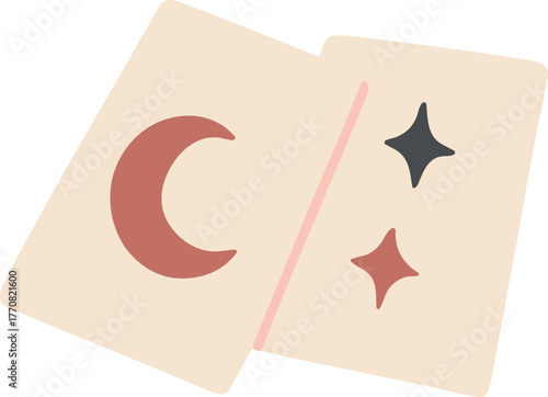  Minimalist flat illustration of two tarot cards featuring a crescent moon and sparkling stars, symbolizing divination, mystery, and spiritual insight in a soft pastel style.