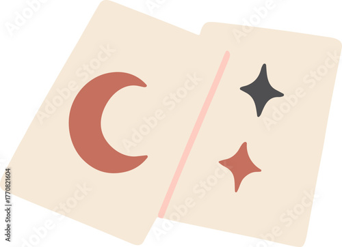 ace of spades  Minimalist flat illustration of two tarot cards featuring a crescent moon and sparkling stars, symbolizing divination, mystery, and spiritual insight in a soft pastel style.