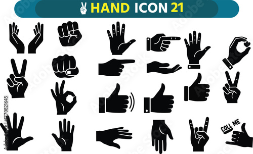 Collection of diverse black silhouette hand gestures and icons representing communication and signals