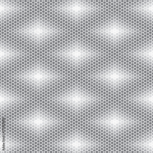 white hexagonal mosaic pattern combined with rounded hole, black and white vector illustration