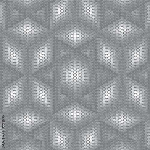 white hexagonal mosaic pattern combined with rounded hole, black and white vector illustration