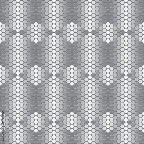 white hexagonal mosaic pattern combined with rounded hole, black and white vector illustration