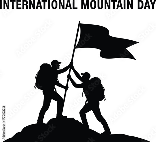 International mountain day illustration with climbers raising flag peak isolated concept of adventure, challenge, and achievement