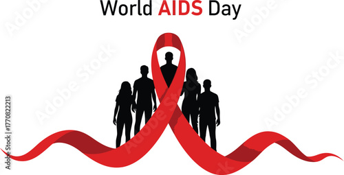 World aids day illustration with red ribbon and people silhouette isolated concept of awareness, support, and solidarity for hiv