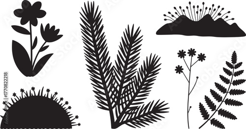 Black silhouette collection of botanical elements including flowers pine needles fern and abstract shapes