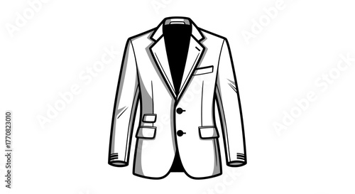 Illustration of a white suit jacket with black lining and buttons on a white background.