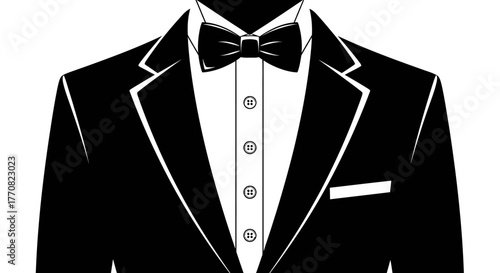 Formal black tuxedo jacket with bow tie, white shirt, and pocket square.