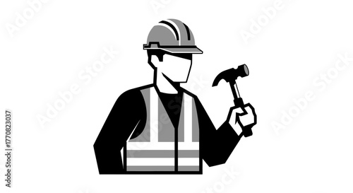 Construction worker holding a hammer, ready for building and labor.