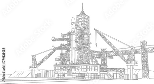 Detailed line drawing of a space shuttle on a launch pad, showcasing its complex support structure.
