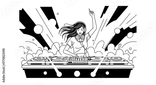 A woman DJ performs, mixing music with headphones, surrounded by sound effects.