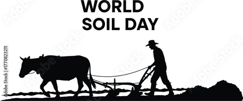 Silhouette of farmer plowing field with ox for world soil day isolated promoting sustainable agriculture and soil health