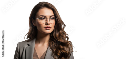A portrait of a woman with long, wavy brown hair and glasses, wearing a gray blazer, against transparent background