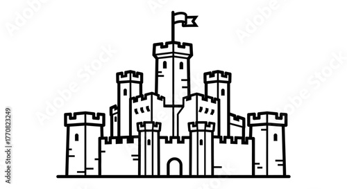Black and white line drawing of a castle with towers, walls, and a flag on the central tower.