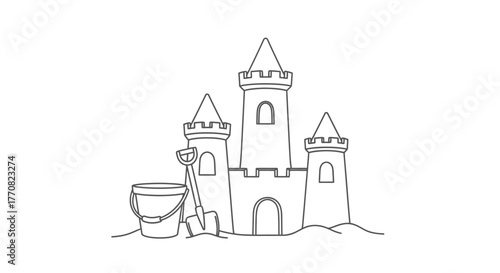 Line drawing of a sandcastle with three towers, a bucket, and a shovel on a white background.