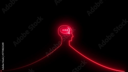  neon line Human head messages  icon   warning sign concept on black background. 4K Video motion graphic animation 