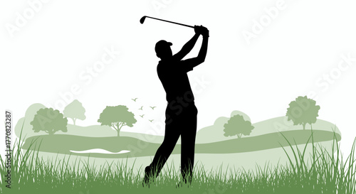 Silhouette of a golfer swinging a club on a green course.