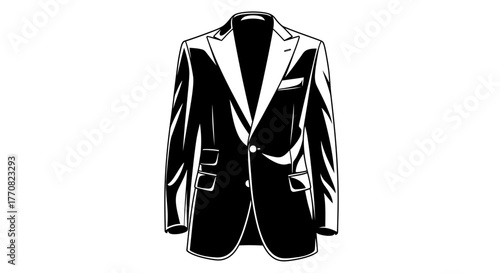 Illustration of a suit jacket, featuring a pocket square, buttons, and a collar, presented in black and white.