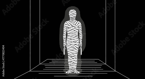 An illustration of a mummy wrapped in bandages, standing in a dark, enclosed space.