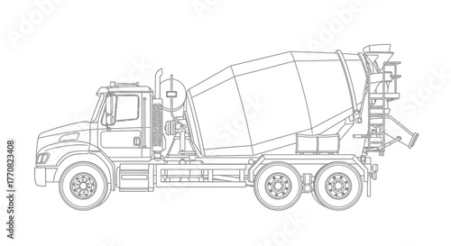 Line drawing of a cement mixer truck, showing its side profile with wheels, drum, and other mechanical details.