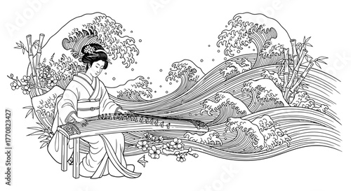 Woman in kimono plays koto with waves, bamboo, and flowers in a detailed, illustrative scene.