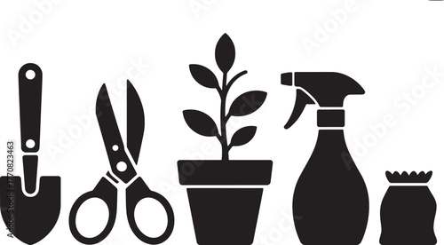 Black silhouette icons of gardening tools a potted plant and a spray bottle scissors shovel